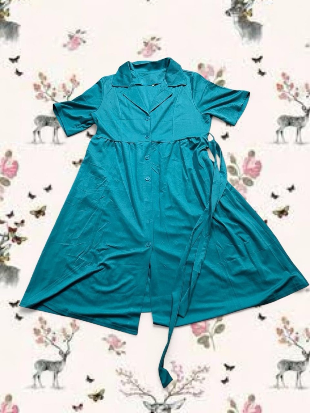 Teal Button-Front Short Sleeve Dress with Tie Waist